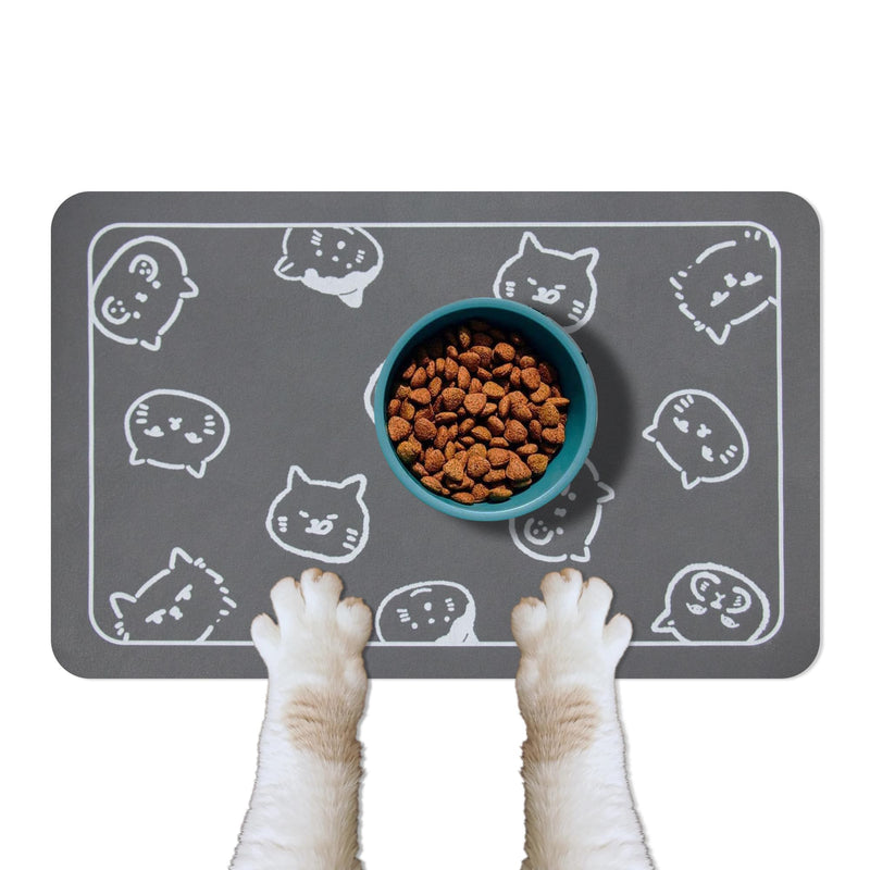 YCT Cat Food Mat for Pet Dog Feeting Mats, Cat Mat for Food and Water, Non-Slip Super Absorbent, with Multiple cat Heads Logo，18.1 x 11.8 inches, Dark Grey