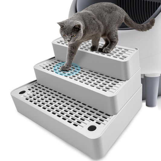 Adjustable 3 Steps Cat Litter Box Step, Litter Box Ramp with Filter Function, Non-Slip, Easy to Clean,Cat Litter Stair for Small & Elderly Cats (Light Grey)