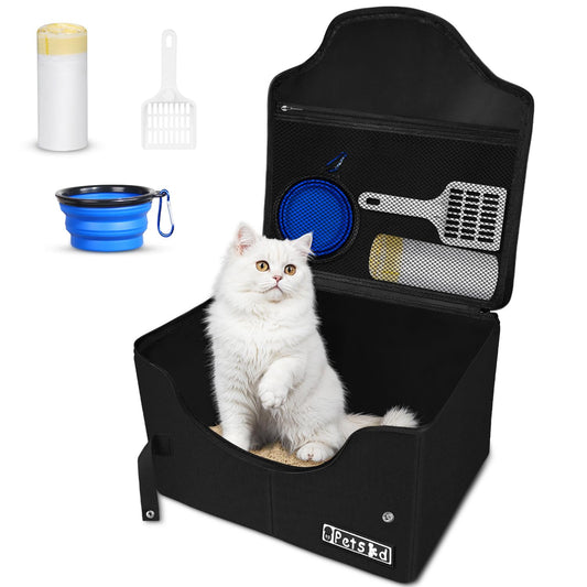 Petskd High Sides Portable Travel Litter Box for Cats with Lid and 10 pcs Liner Bags, Light Weight and Leak-Proof for Road Trips, Hotel Stays, Car Travel(Black)