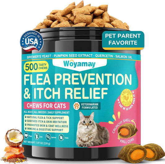 Woyamay Flea Treatment for Cats & Itch Relief Chews, 500 Crunchy Cat Flea Treatment Chews, Cat Itchy Skin Relief, Cat Itching Relief & Skin Care, Flea Prevention for Cats, Chicken Flavor