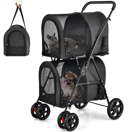 Giantex Double Pet Stroller with 2 Detachable Carrier Bags, Safety Belt, 4 Lockable Wheels, Folding Cat & Dog Stroller for Small Medium Pets, Cats Dogs Puppy Travel Strolling Cart (Black)