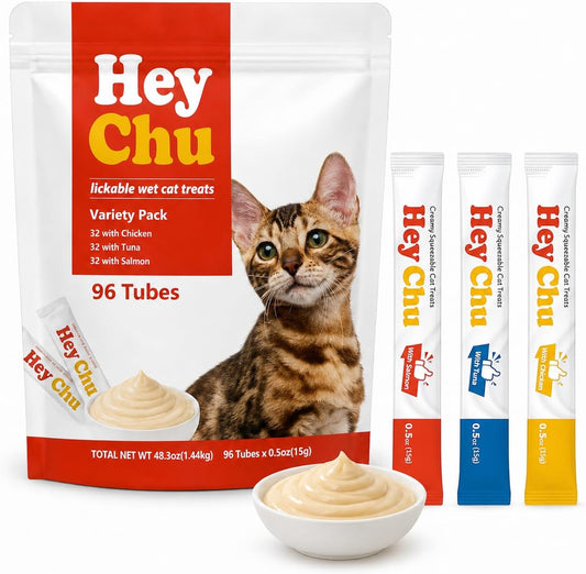 HEY CHU Lickable Cat Treats - Grain-Free Squeezable Wet Cat Food Topper for Kittens & Seniors, Variety Pack (Tuna, Salmon, Chicken), 96 Tubes Bulk