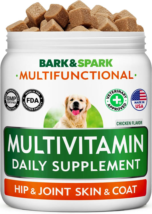 BARK&SPARK Dog Multivitamin Chews Glucosamine Chondroitin with Omega 3, Digestive Enzymes & Probiotics | Vitamins and Supplements for Dogs Pet Skin & Coat & Joint & Gut Health Support - 120ct
