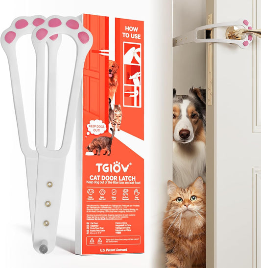 TGIOW Cat Door Latch, 2 Pcs Cat Door Stopper Pet Door Latch to Keep Dog Out of Litter Box and Food, Door Prop for Cat with 5 Adjustable Size Strap 2.5-6" Wide, No Measuring, Easy to Install, White