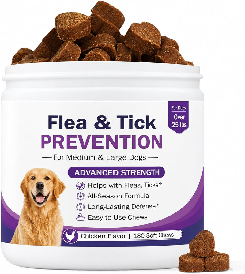 Flea and Tick Prevention for Dogs - 180 Natural Soft Chews - Oral Flea and Tick Treatment & Control Pills for Medium, La