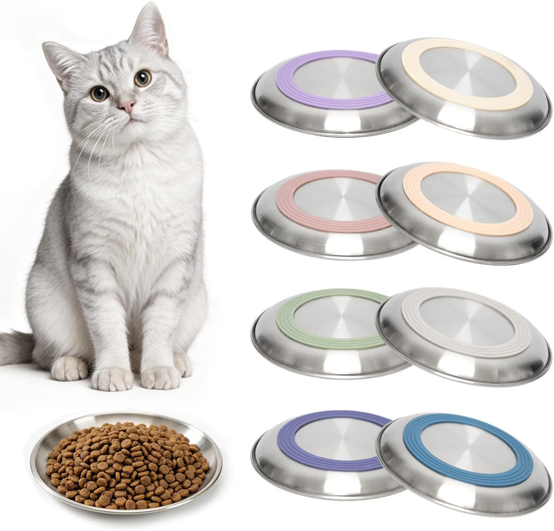 8 Pack Stainless Steel Cat Food Bowls, Cat Dishes Shallow Whisker-Friendly Metal Dishes with Non-Slip Silicone Bottom, E