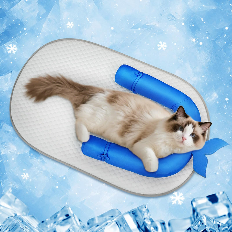 Pawfun Cat Cooling Mat with Soft U-Shaped Pillow– Breathable Calming Cooling Pad for Cats– Portable Washable Summer Cooling Cat Bed for Indoor Or Travel Use,Blue Shark