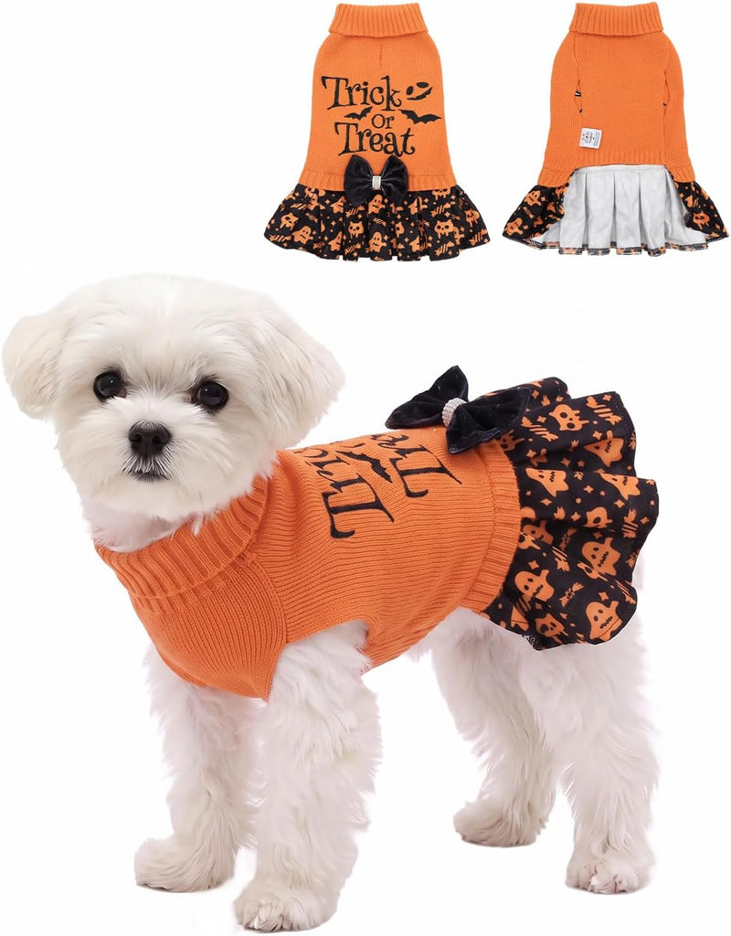 CuteBone Halloween Dog Sweater Dress with Bow for Small Medium Dogs &Cats