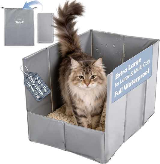 MEEXPAWS Travel Litter Box for Cats, XL Portable Litter Box Waterproof, High Sided Collapsible Foldable with Carry Bag, 24.4x16.5x15.7 inch Leakproof Easy Clean for Car Hotel Traveling Camping