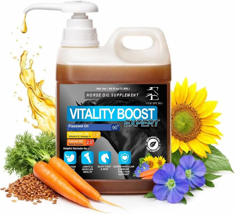 Equine & Horse Oil Supplement 3 Natural Oils Flaxseed Sunflower Carrot Omega 3 6 9 Vitamin E Silky Coat & Hoof Digestion