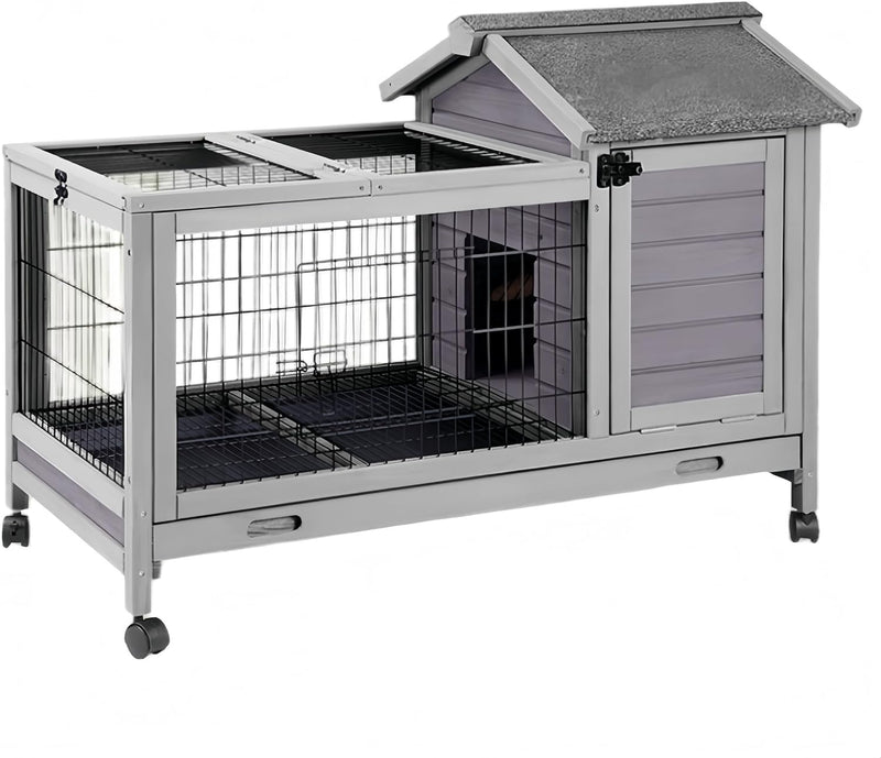 Wooden Rabbit Hutch Indoor and Outdoor, Rabbit Cage with Removable Wire Netting and Leak Proof Tray, Mobile Bunny Cage w