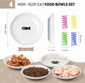 Ceramic Cat Food Bowls for Indoor Cats and Kitten, 4 Cute Cat Feeding Bowls Shallow Whisker Relief Dishes for Cats, 5.9" Wide Pet Plates for Wet & Dry Food and Water, Non-Slip Base, with 4 Spring Toys