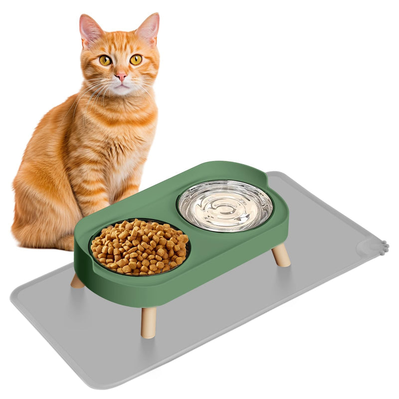 Elevated Cat Bowl with Food Mat, Raised Cat Food and Water Bowl Set for Indoor Cats, Splash Proof with 2 Stainless Steel Pet Food Bowls for Cats and Puppies,Whisker Fatigue and Dishwasher Safe (Green)