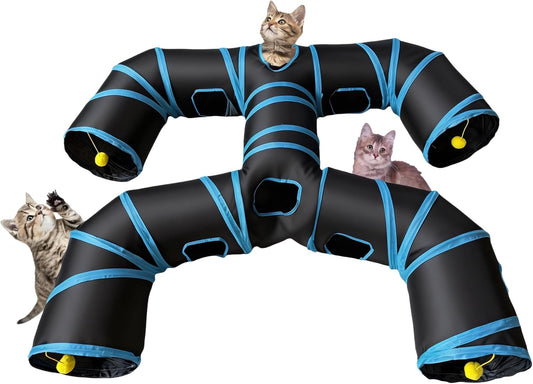 Foldable H-Shaped Cat Tunnel Toy with Interactive Playing Balls - 4 Exits for Cats, Kittens, Rabbits & Small Pets Collap