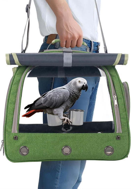 Bird Carrier Parrot Travel Cage with Perch, Food Bowl, Tray and Breathable Clear Window, Bird Travel Bag for African Gra