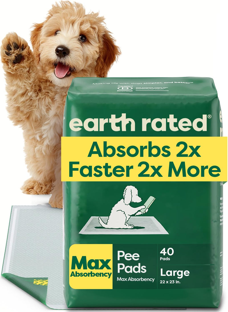 Earth Rated Puppy Pads, Max Absorbency Pee Pads for Dogs, Absorbs 2X Faster & 2X More, Leak Prevention, Potty Training, Fragrance-Free, Unscented, Regular [L], 22” x 23”, 40 Count