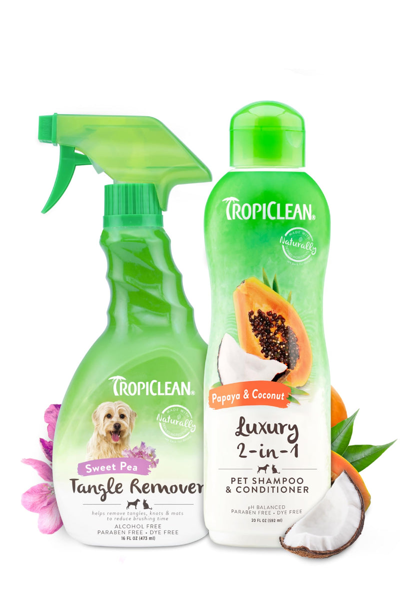 TropiClean 2-in-1 Dog Shampoo and Conditioner & Dog Detangler Spray Dematting, Grooming Bundle, Puppy Safe, Made in USA