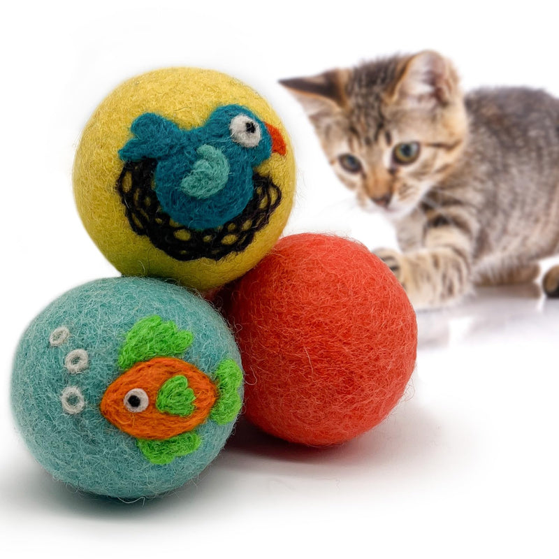 Hustle & Blush Love Ewe Felted Cat Toys 3 Pack - 2 Inch Fish & Bird Hand Made Cute & Fun Design Kitten Wool Felt Balls for Indoor Play & Exercise - 100% New Zealand Handmade Felted Balls