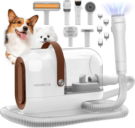 HEAPETS Dog Grooming Vacuum Kit - 3L Vacuum with 7 Tools, Low Noise Electric Clipper and Brush for Pet Shedding at Home, White