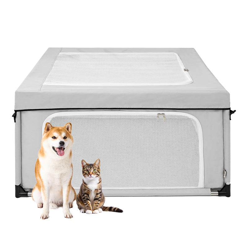 EHEYCIGA 42x42x26 Inches Puppy Playpen with Top Cover for Dogs & Cats Indoor or Outdoor - Dog Playpen with Door, Dog Fence for Small Animal with Heavy-Duty Oxford & Steel Frame, Sliver Grey