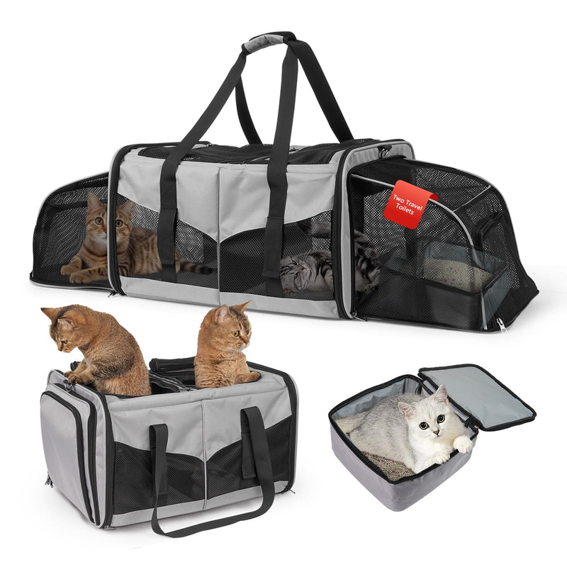 Expandable Cat Carrier for 2 Cats, Double Compartment Large Pet Carrier for Long Distance Car Travel, Includes 2 Portable Litter Boxes, Foldable Multi-Cat Travel for Road Trips & Camping, Gray