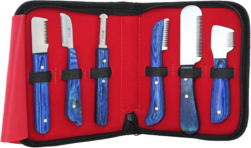 Dog Grooming Stripping Knife Set – 6-Piece Stainless Steel Hand Stripping Tools with Wooden Handles – Coarse, Medium, Fi