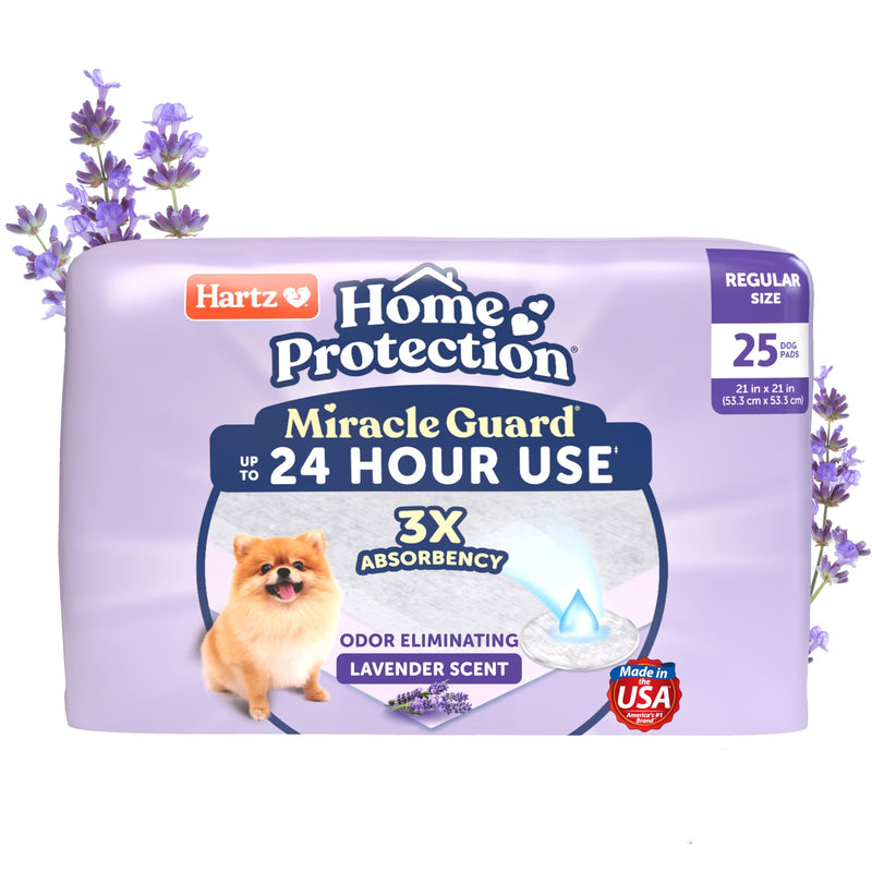 Hartz Miracle Guard Dog and Puppy Dog Pads Max Absorbency 24 Hour Use Odor Eliminating Lavender Scented No Leaks, Regular Size 25 Count