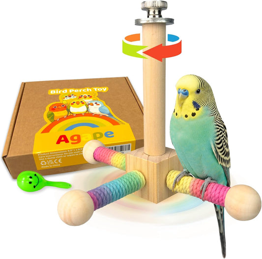 Agape Bird Toy, Rotating Interactive Parrot Toy, Wooden Bird Cage Perch