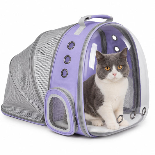 Expandable Cat Backpack Carrier, Breathable Clear Bubble Window Pet Carrier for Small Dogs and Cats up to 12 lbs, Airline Approved Travel Bag for Hiking and Outdoor Use (Back Expandable-Purple)