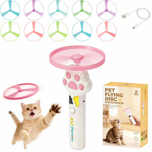 PDVMWPJ Cat Fetch Toy Launcher with 10 Soft & Flexible Discs, Cat Toys for Indoor Cats, LED Glowing Launcher, Electric Interactive Kitten Toy for Hunting & Exercise, USB Rechargeable