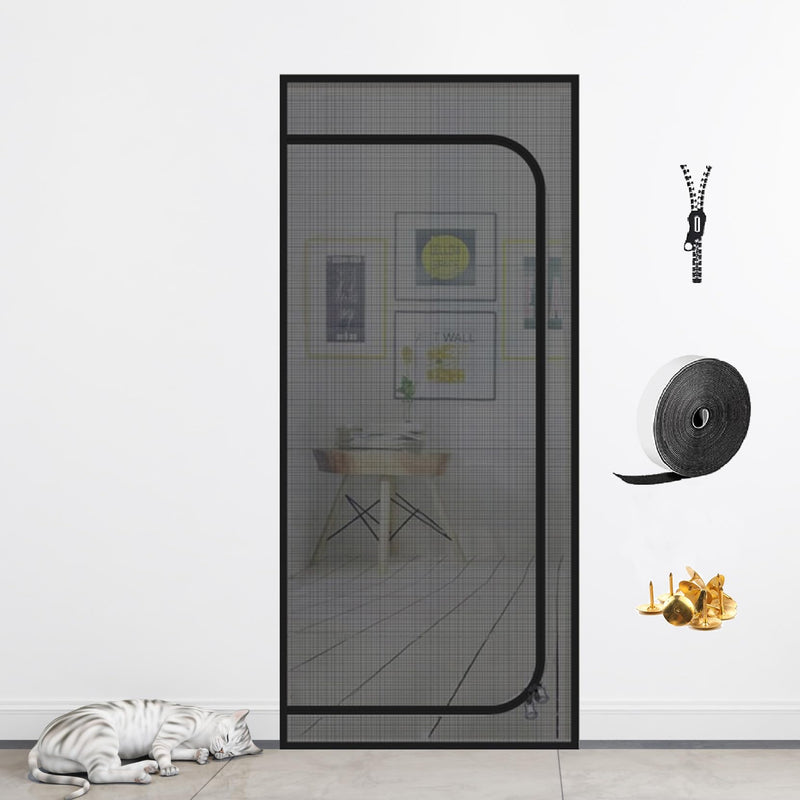 DOOREASY Cat Screen Door, Upgraded Pet Door Mesh Screen Prevent Cats Dogs from Running Out, Cat Resistant Screen Door with Zipper Closure, Easy Install (Fits Doors Up to 36