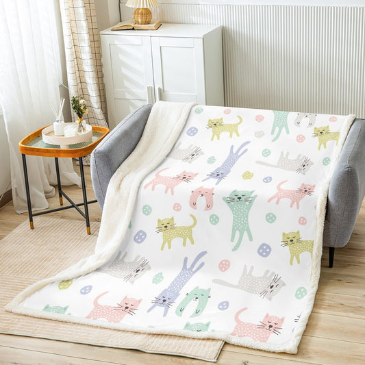 Cat Sherpa Blanket Cute Kitten Cat Fleece Throw Blanket Colorful Cat Animals Sherpa Blanket for Kids Toddler Kawaii Pet Cats Fuzzy Blanket Throw 50"x60"