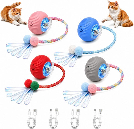 Pack-4 Interactive Cat Toys, Motion-Activated Rolling Ball with Shiny Moving Tail,Smart Automatic Cat Chase,Auto Rotatin