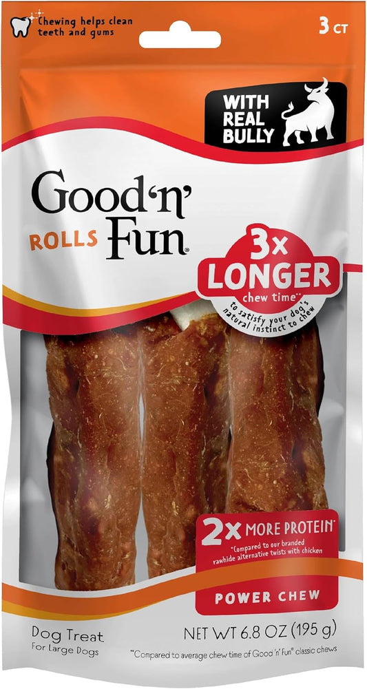 GOOD 'N' FUN Triple Flavor Rolls with Bully Chews, High-Protein Dog Treat for Large Adult Dogs, Made with Real Beef Hide, Chicken, Bully & Beef Liver Flavor, 3 Count