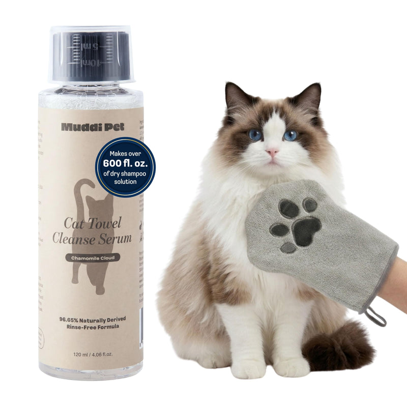 Concentrated Cat Waterless Shampoo & Conditioner with Bath Mitt - Rinse-Free, Sensitive Skin, Stress & Itch Relief Gentle Leave-in Serum – 98.65% Naturally Derived Dry Shampoo for Cats
