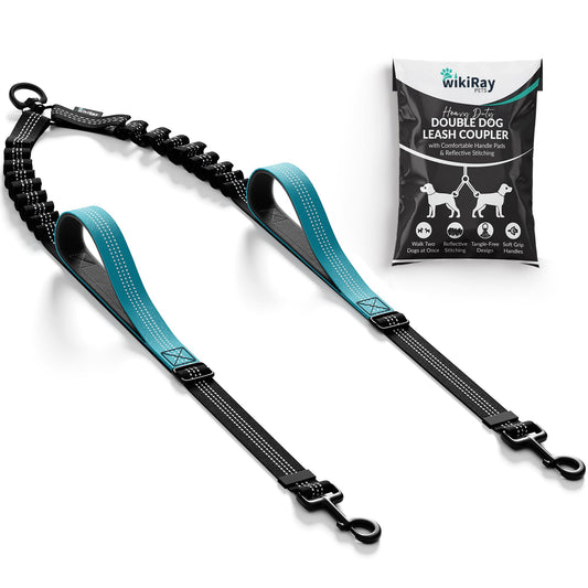 wikiRay Double Dog Leash Coupler for Walking 2 Dogs – No Tangle Dual Dog Splitter with Shock-Absorbing Bungee, Padded Traffic Handles & Reflective Stitching (Sea Green)