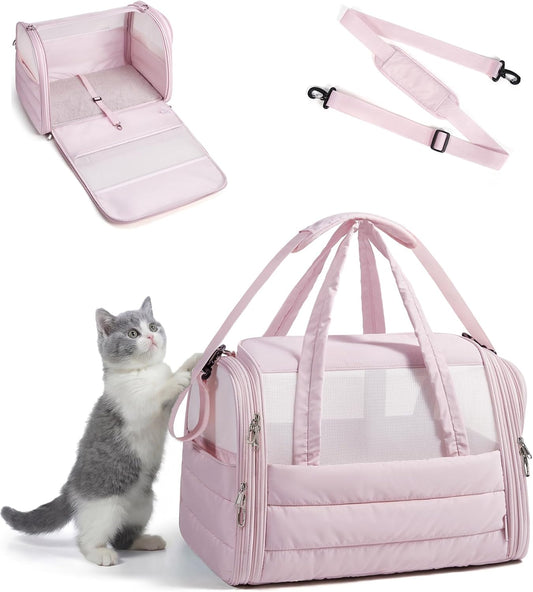 BAGSMART Cat Carrier: Soft-Sided Pet Carrier for Small Medium Cats Dogs Puppy Quilted Collapsible Puffy Travel Bag Up to 20 Lbs Pink