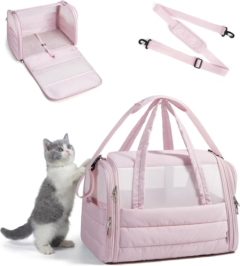 BAGSMART Cat Carrier: Soft-Sided Pet Carrier for Small Medium Cats Dogs Puppy Quilted Collapsible Puffy Travel Bag Up to 20 Lbs Pink