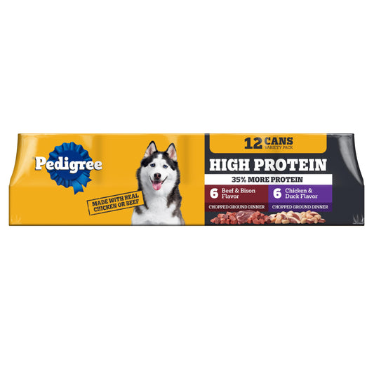 Pedigree High Protein Wet Dog Food, Adult Soft Canned Dog Food Variety Pack, Chicken Duck & Beef Bison Flavor, 13.2 oz. Cans, 12 Count