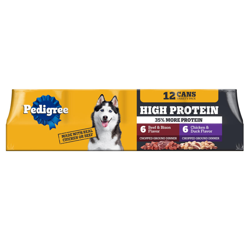 Pedigree High Protein Wet Dog Food, Adult Soft Canned Dog Food Variety Pack, Chicken Duck & Beef Bison Flavor, 13.2 oz. Cans, 12 Count