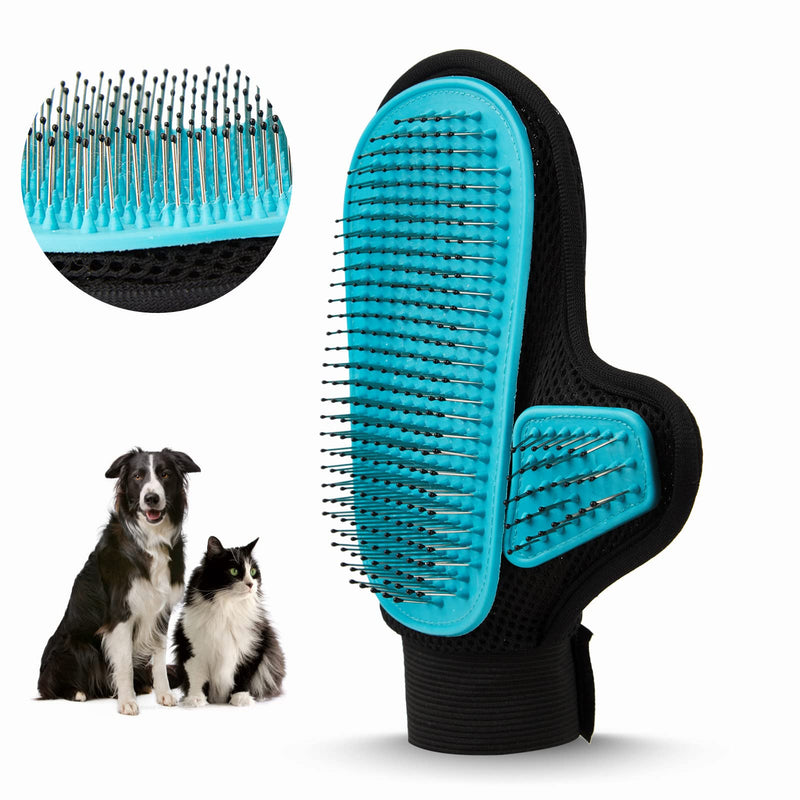 Beenefits 2025 Pet Grooming Glove with Tipped Pin Brush,Special Design Deshedding Glove, Perfect Petting Tool for Sensitive Dogs & Cats with Long & Medium Fur, Massage Mitt - Right-Hand - Blue