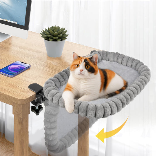 Pawow X-Large Cat Desk Bed - 90° Foldable Space-Saving Cat Beds, 2 Washable Covers (Faux Rabbit Fur & Cool Mesh), Heavy-Duty Frame Supports 40lbs, Easy Install Pet Perch for Office & Game Tables