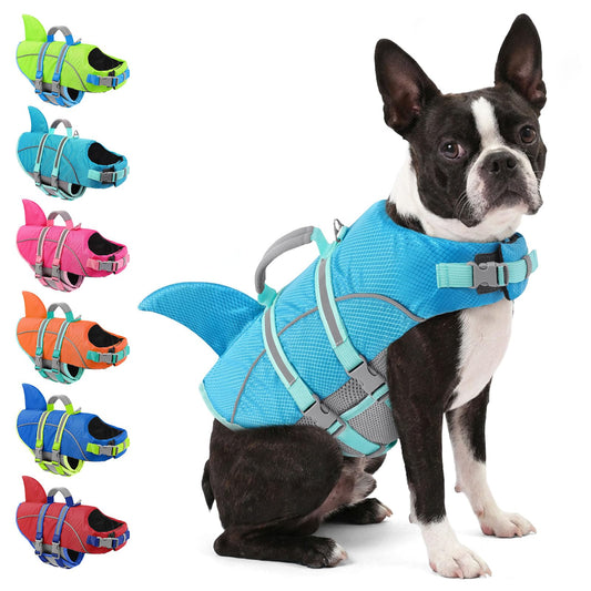 AOFITEE Small Dog Life Jacket, Shark Life Jackets for Swimming Boating, Reflective Dog Swimming Vest with High Buoyancy, Pet Life Preserver with Handle for French Bulldog, Pet Lifesaver (Blue S)