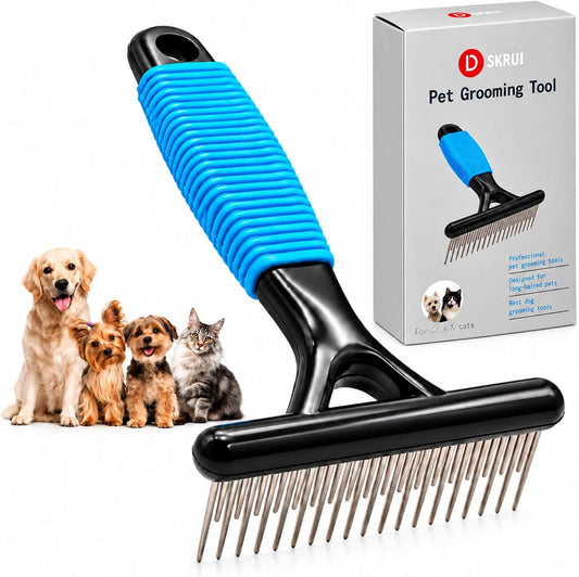 DSKRUI Undercoat Rake for Dogs, Designed for Breeds with Medium to Long Undercoats,Long & Short Stainless Steel Teeth, Safe Dematting Comb for Easy Mats & Tangles Removing