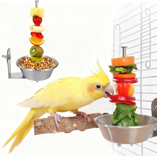 Bird Cage Feeder for Vegetable & Fruit, Parrot Fruit Holder with Dish Bowl Design to Keep Clean, No Mess Bird Food Suita