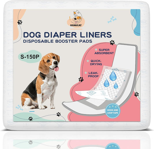 OOMICAT Dog Diapers Liners, 150 Ct, Super Absorbent Booster Pads for Male Dog Wraps and Female Dog Diapers, Lnnovative Hook-and-Loop Tape Design, Super-fit & No Shifting, Small Dog Diaper Pads