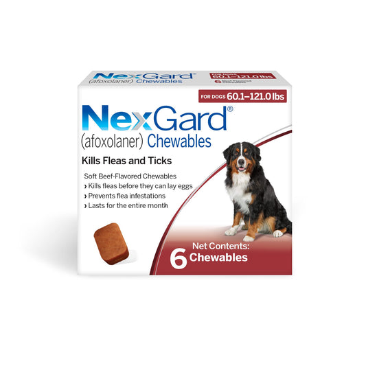 NexGard® (afoxolaner) Flea and Tick Protection for Dogs Oral Soft Beef Flavored Chewables, 60.1 to 121 lbs (Red Box) 6 Chews (6 Month Supply)