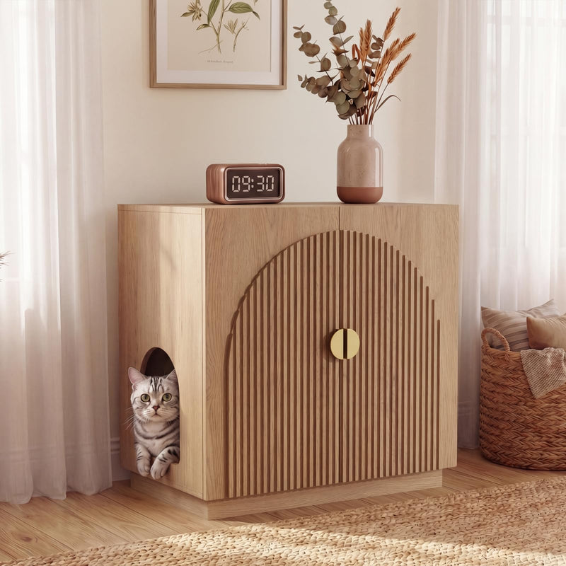 Amunrbrek Large Litter Box Enclosure, Fluted Hidden Cat Litter Box Cabinet with Storage, Symmetrical Curved Accent Sideboard Furniture (Natural)