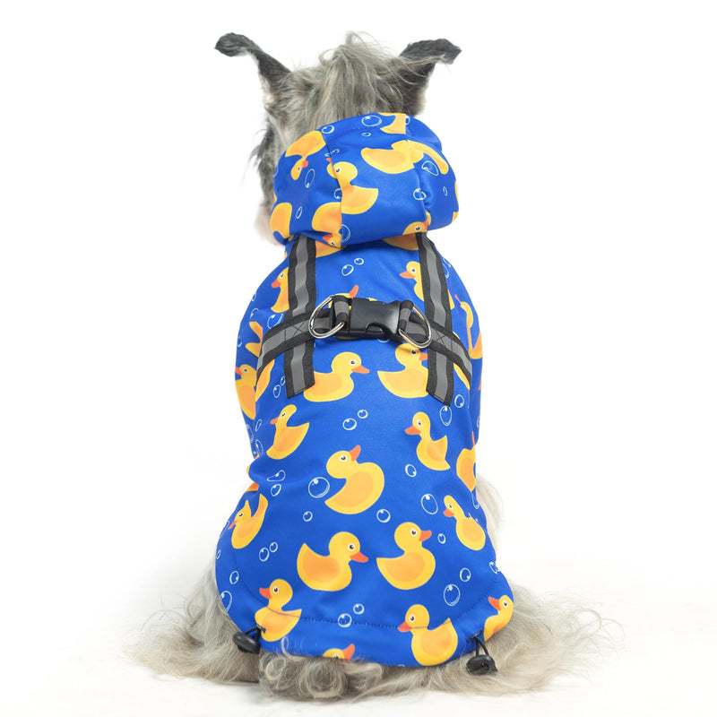 PUPTECK Dog Raincoat with Hood & Harness Built-in, Waterproof Dog Rain Jacket Slicker Poncho Reflective Vest Clothes for Rainy Snowy Winter Cold Days, Blue Duck S