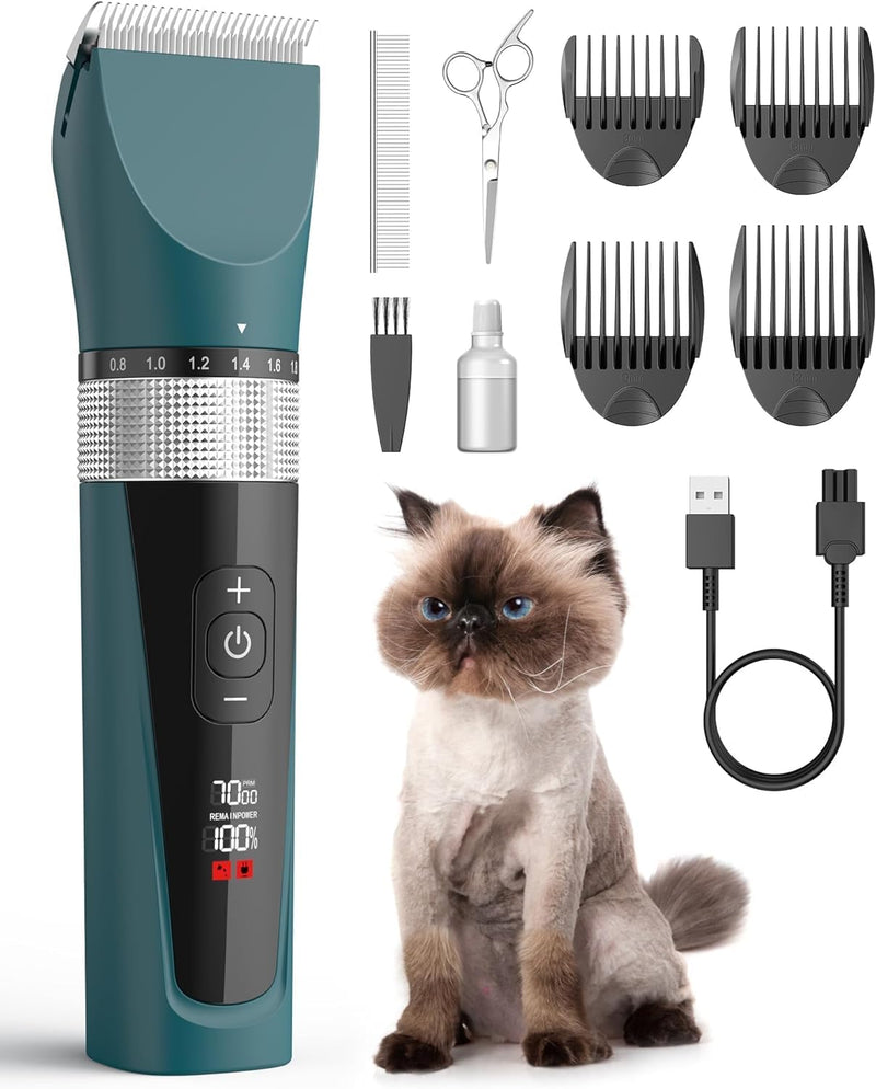 oneisall Professional Cat Clippers for Matted Hair, 5-Speed Quiet Cat Grooming kit, 6 in 1 Adjustable Blade, Cordless Pet Shaver for Long Hair,Waterproof Pet Trimmer, Pet Clippers for Cats(Green)